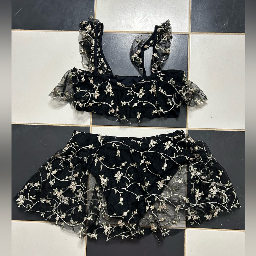 Black Floral Embroidered Swim Set